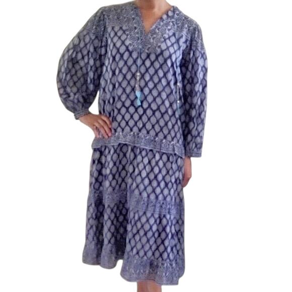 Alicia BELL boho beaded tassel ruffle tiered long sleeve printed midi dress Sz L - Picture 8 of 8